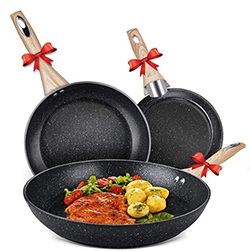 Antihaft-Bratpfanne 3er Set mit Holzgriff  (alle Herdarten, 20/26/28 cm) für nur 27,99€