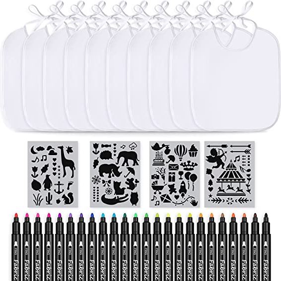 APOGO Lätzchen zum Bemalen (10 Stk., 24 Textilstifte, 4 Schablonen) für nur 8,79€