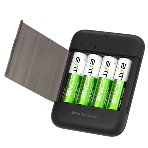 BATZONE Wiederaufladbare Lithium Akkus AA 4-Pack mit Ladegerät, 2500mWh Hohe Kapazität 1.5V AA Batterien BATZONE Wiederaufladbare Lithium Akkus AA 4-Pack